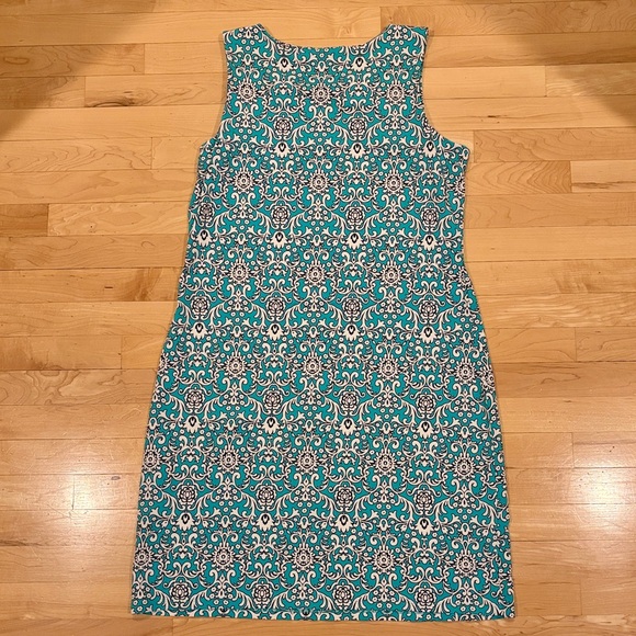 Classic Charter Club Turquoise Black & White Knee Length Fleur De Lis Knit Dress - Picture 2 of 4